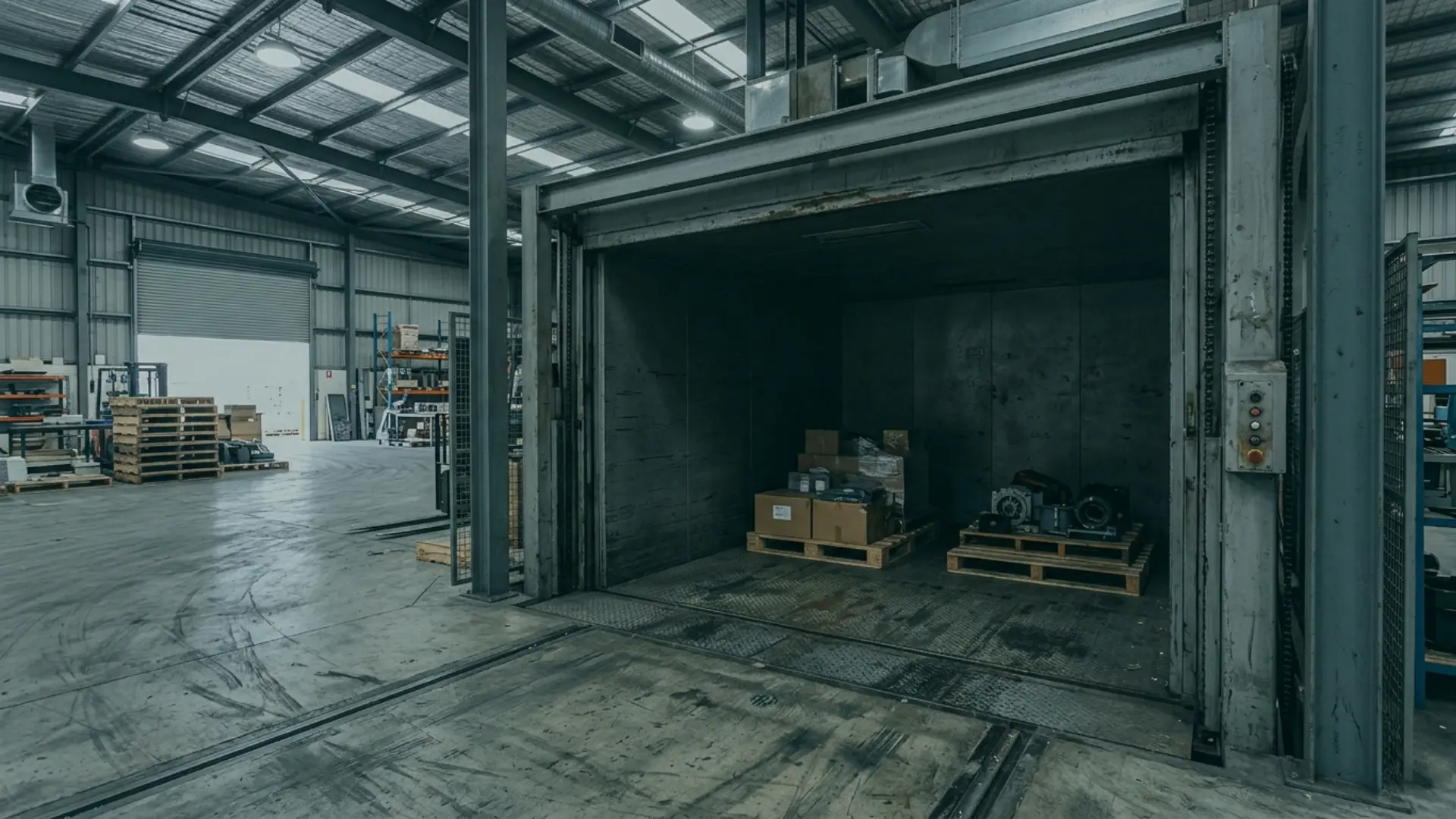 Industrial goods lift with heavy-duty doors open in a warehouse loading bay