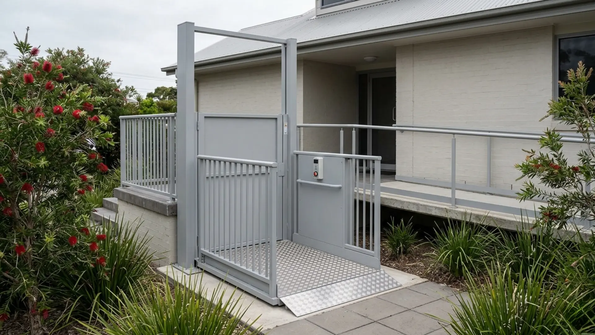 Vertical platform lift installed at a building entrance for wheelchair accessibility