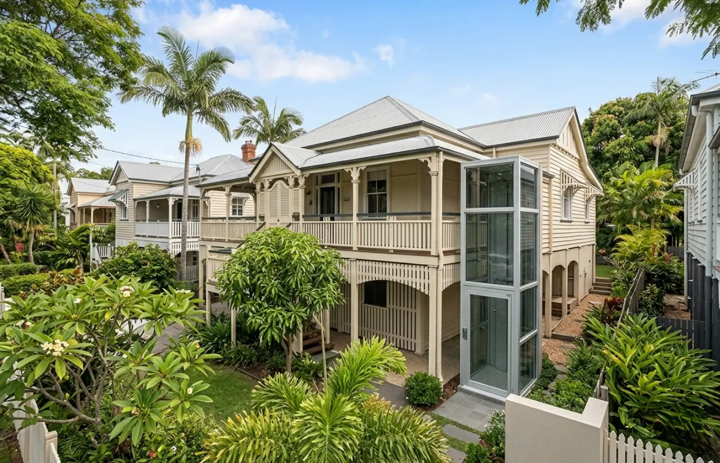Queenslander-style timber homes on stumps in a leafy Brisbane suburb