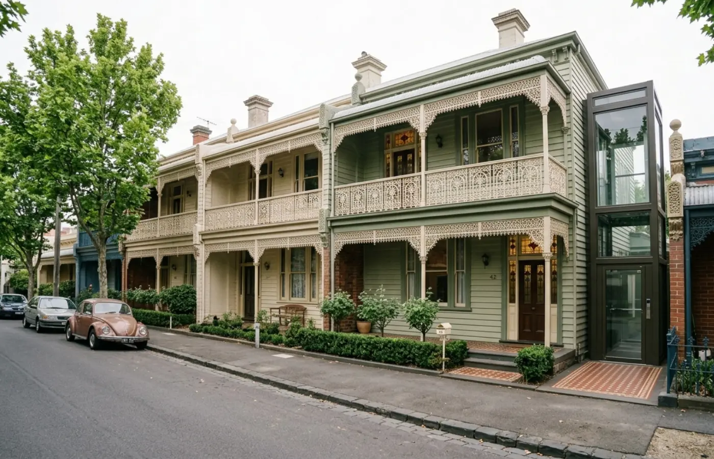 Victorian-era terrace houses with cast-iron lacework in an inner Melbourne suburb