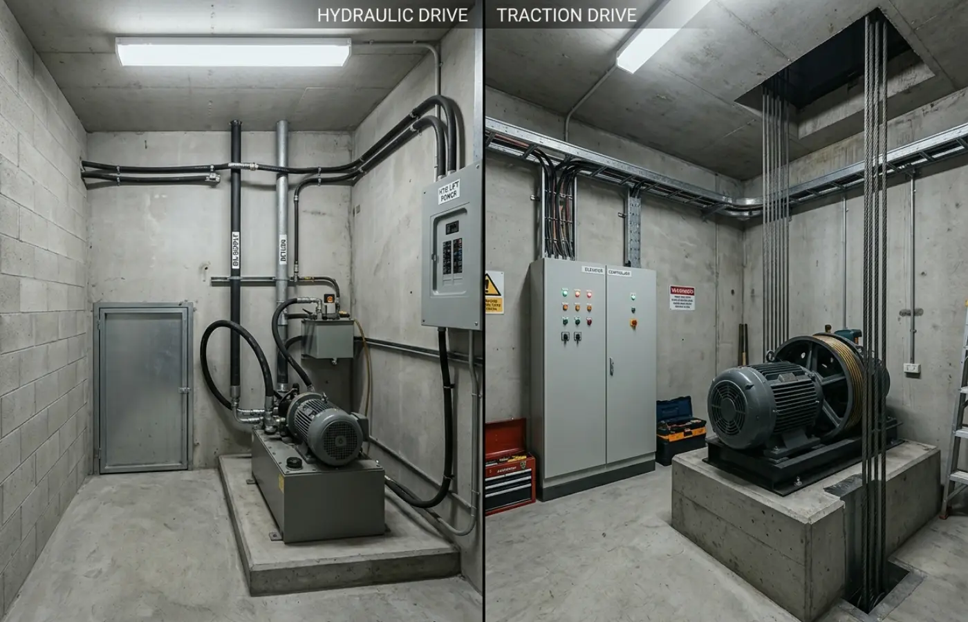 Split view comparing a hydraulic lift pump unit with a traction motor and sheave assembly