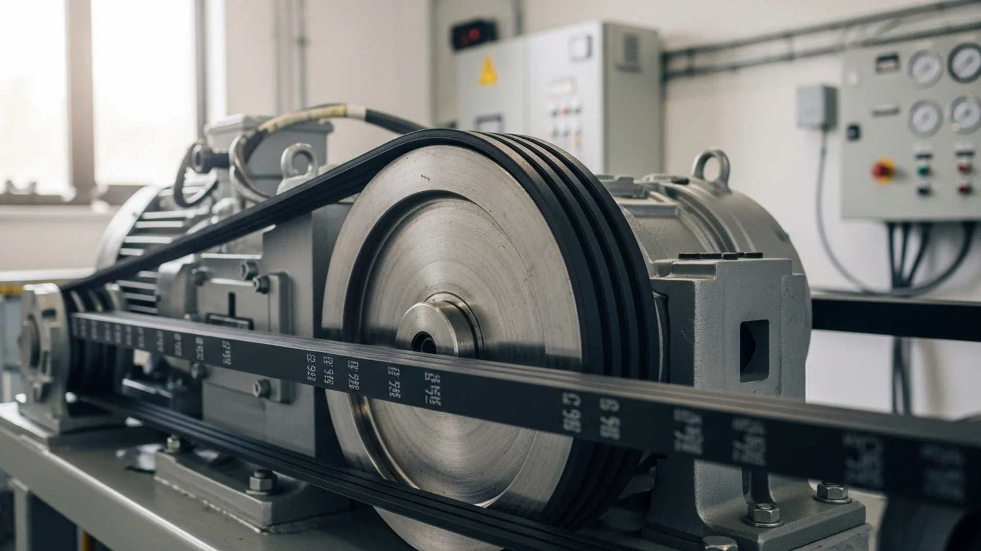Close view of a lift traction machine in a plant room showing the drive sheave, flat suspension belts and steel components under clean technical lighting