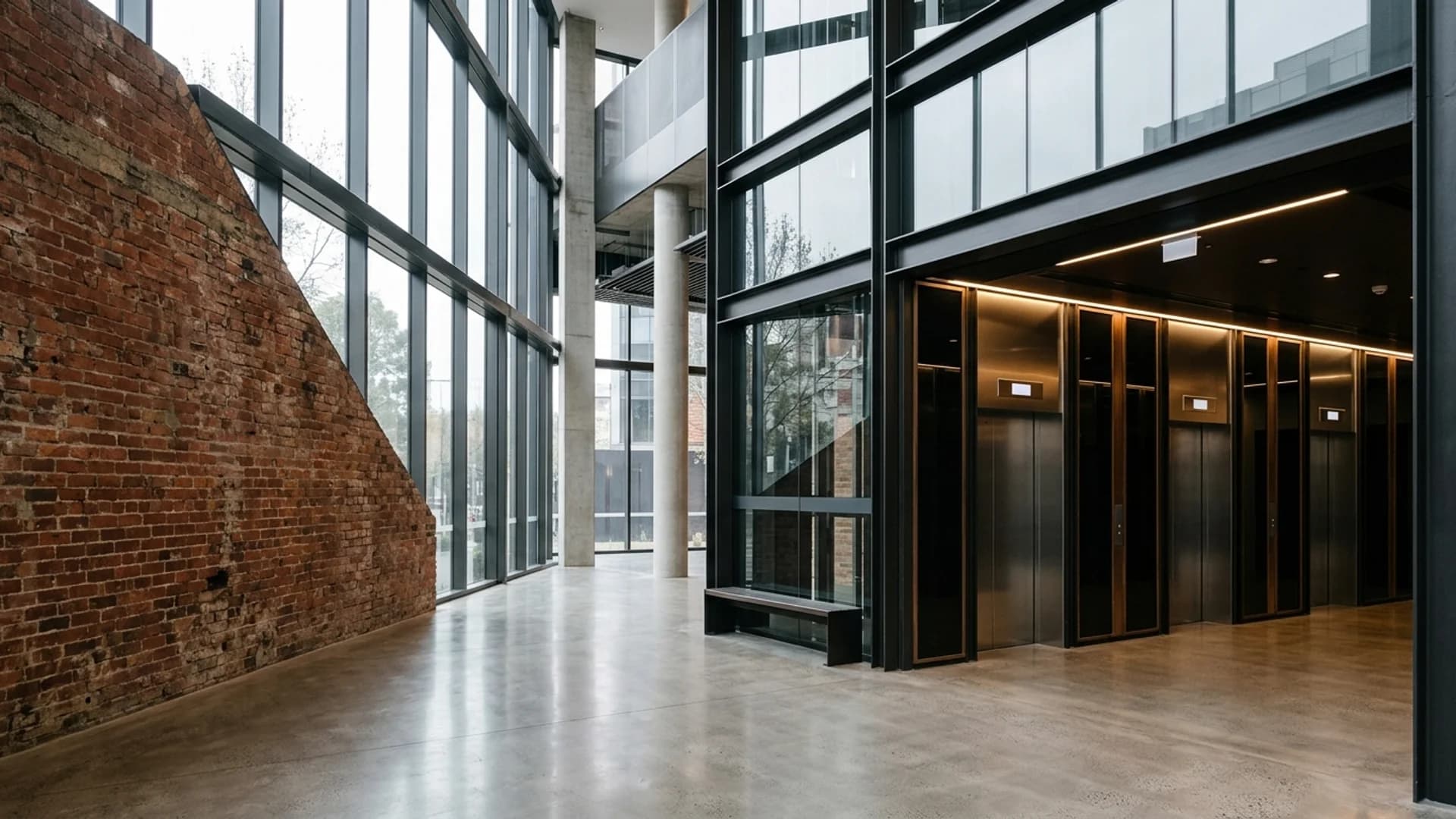 A row of dark steel and glass passenger lifts in a contemporary Melbourne office building foyer, an exposed red-brick heritage wall meeting new construction under soft overcast daylight