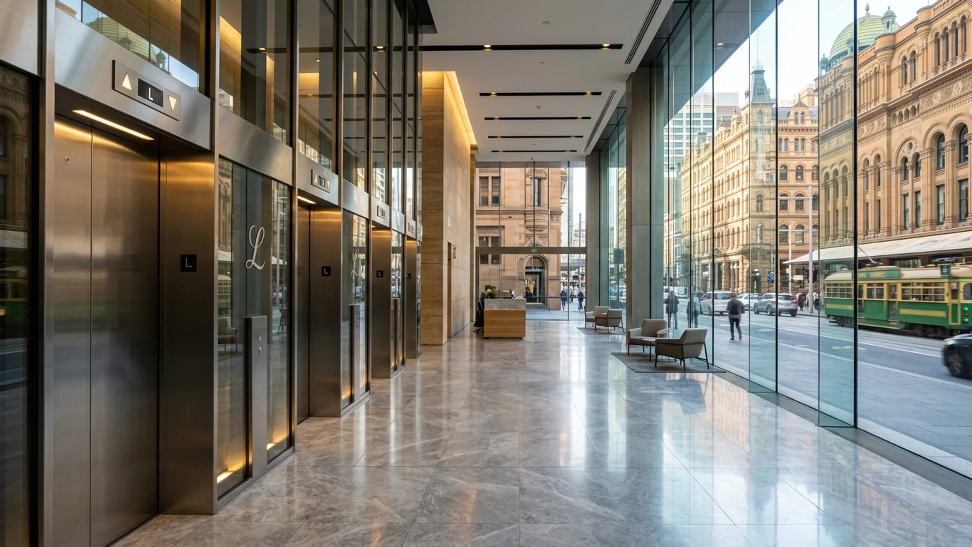 A bank of glass and brushed-steel passenger lifts in a modern Sydney CBD office tower lobby, floor-to-ceiling glazing looking onto a city street with sandstone heritage buildings opposite