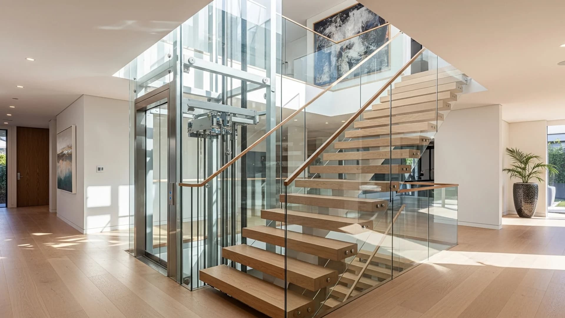 An upmarket multi-level contemporary Australian home with a glass home lift beside a floating timber staircase, bright natural light and premium finishes