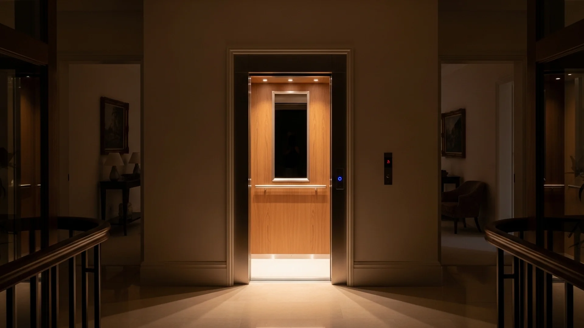 A home lift with a softly glowing interior light stopped level at a landing in a dim evening Australian home interior