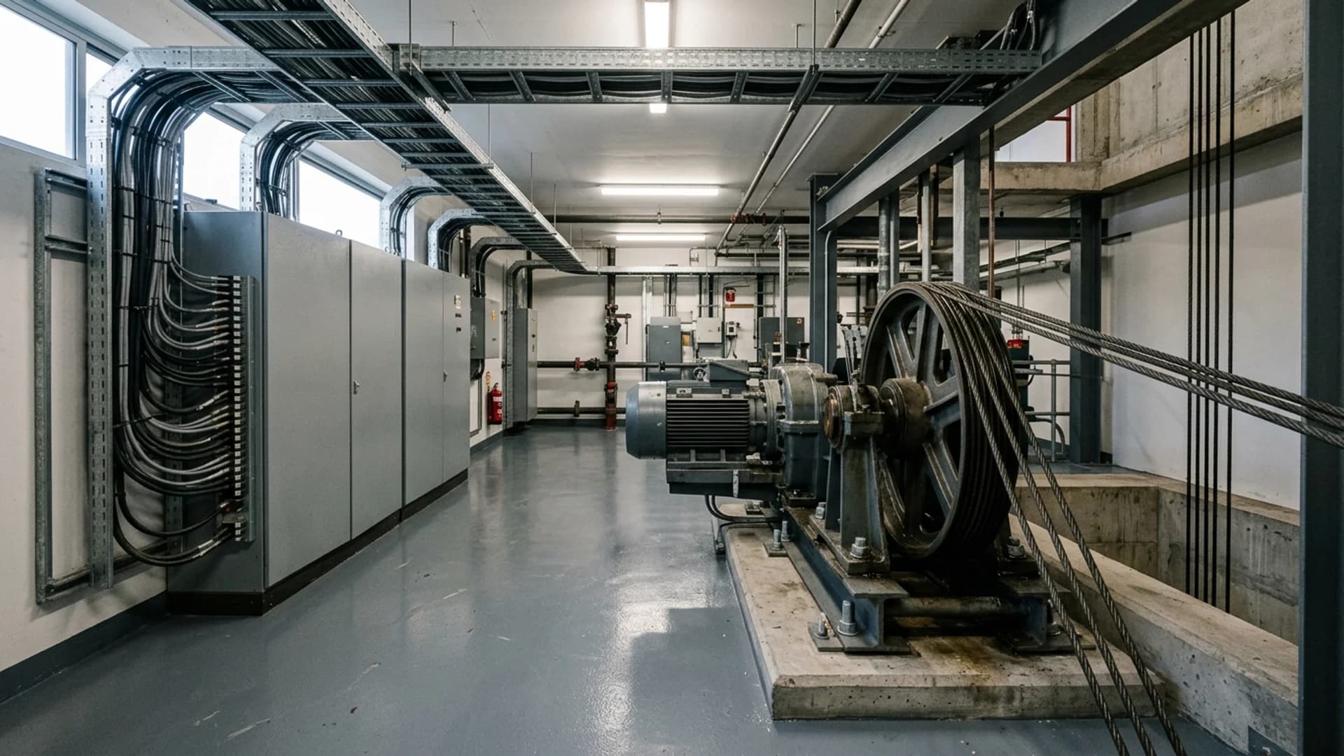 Commercial lift plant room with grey steel controller cabinets, overhead cable trays and a traction machine with hoist ropes in an Australian building