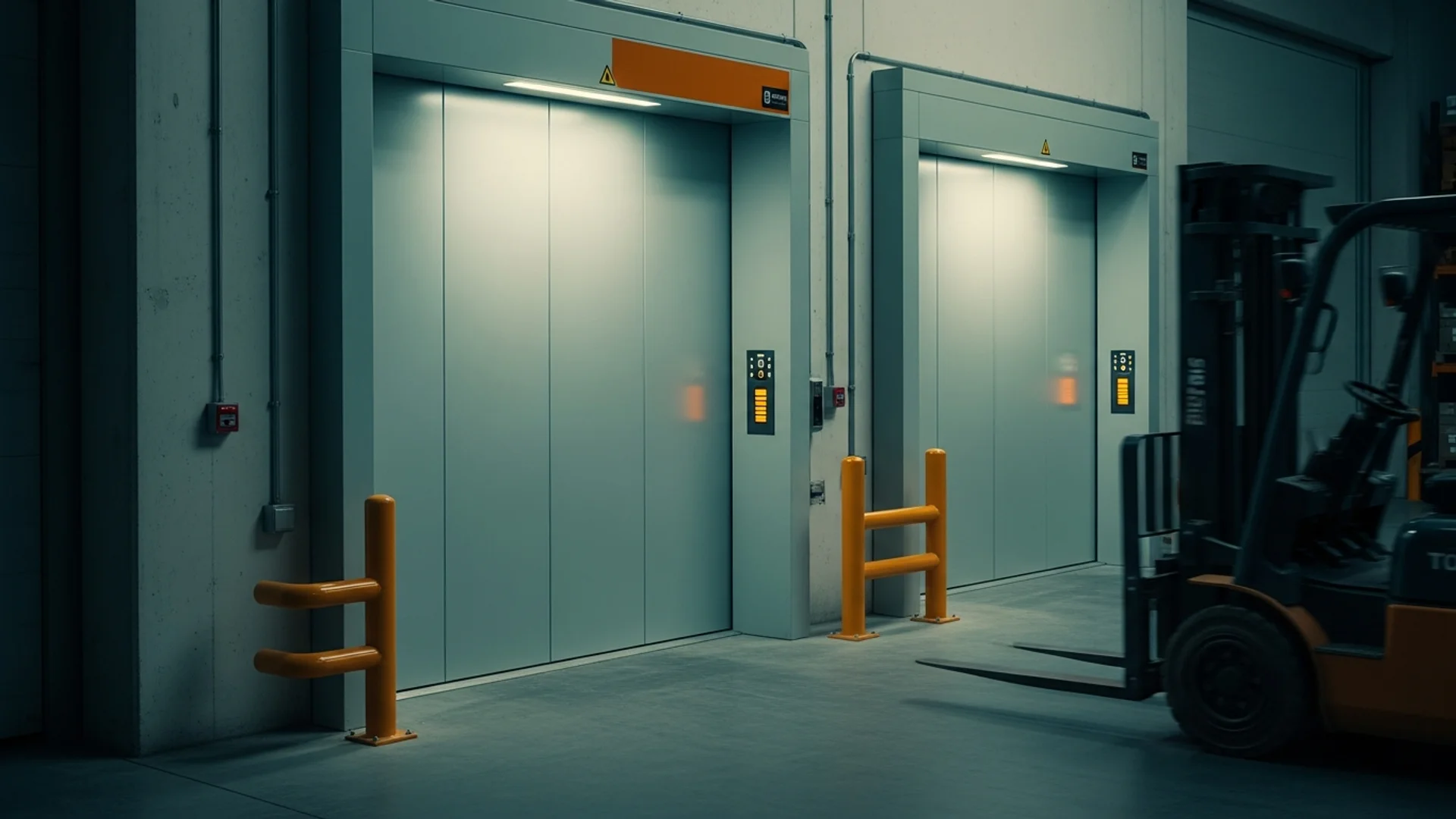 Heavy-duty goods lift with open platform doors in an Australian commercial warehouse