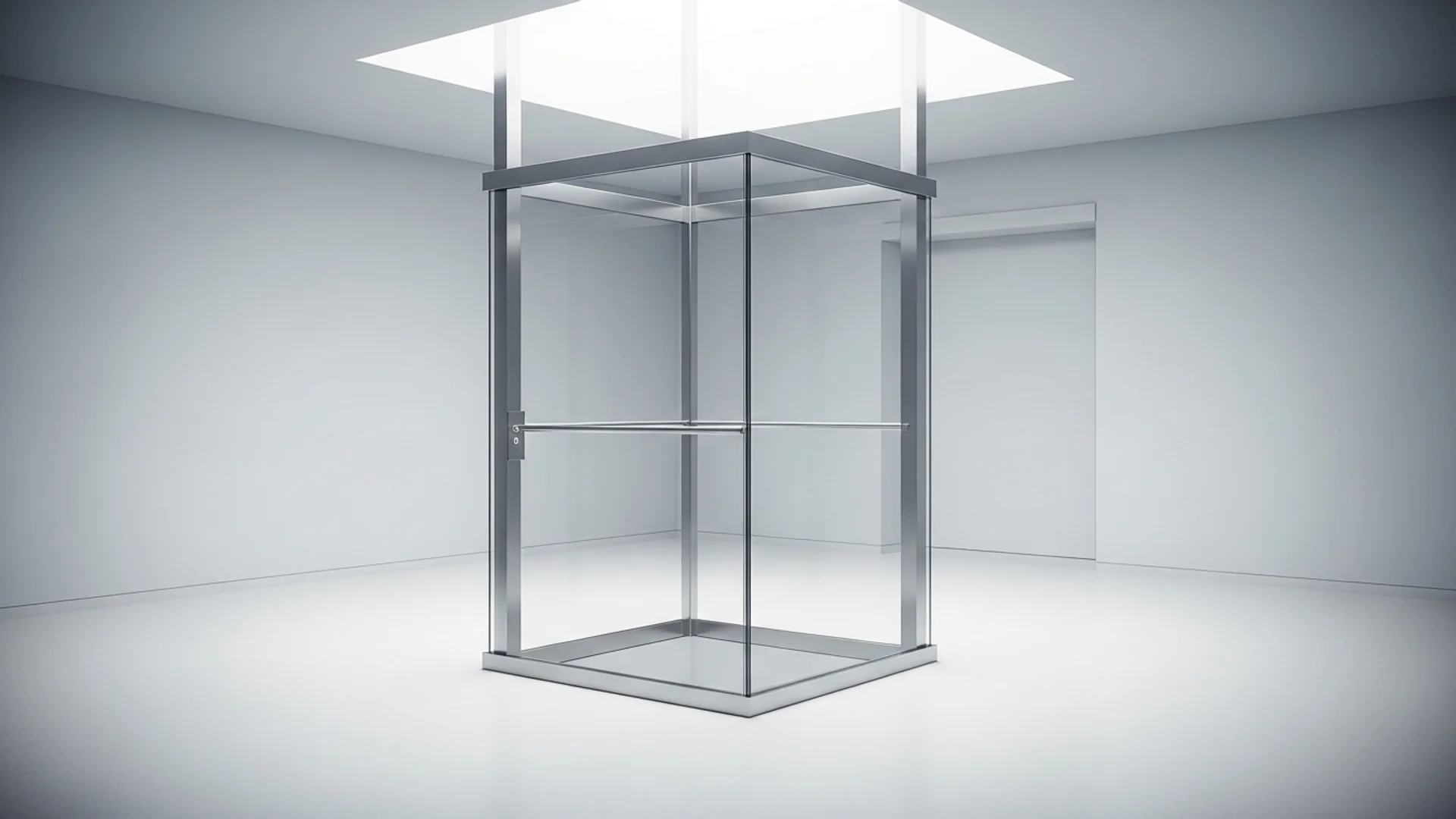 A contemporary home lift with a glass and brushed-steel car in a bright minimalist showroom-style interior
