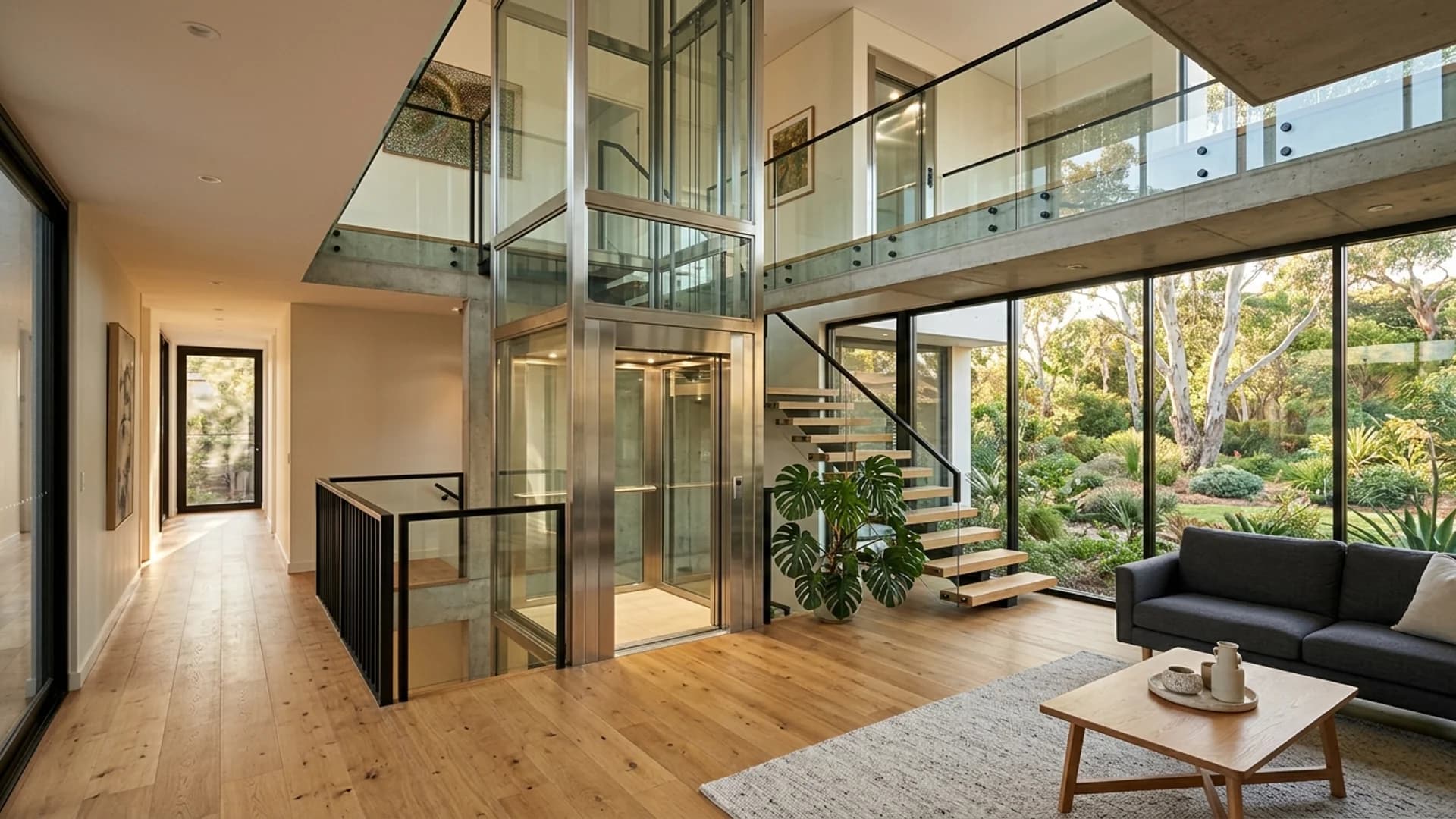 A sleek glass-walled home lift in a contemporary Australian two-storey home with timber flooring and natural afternoon light