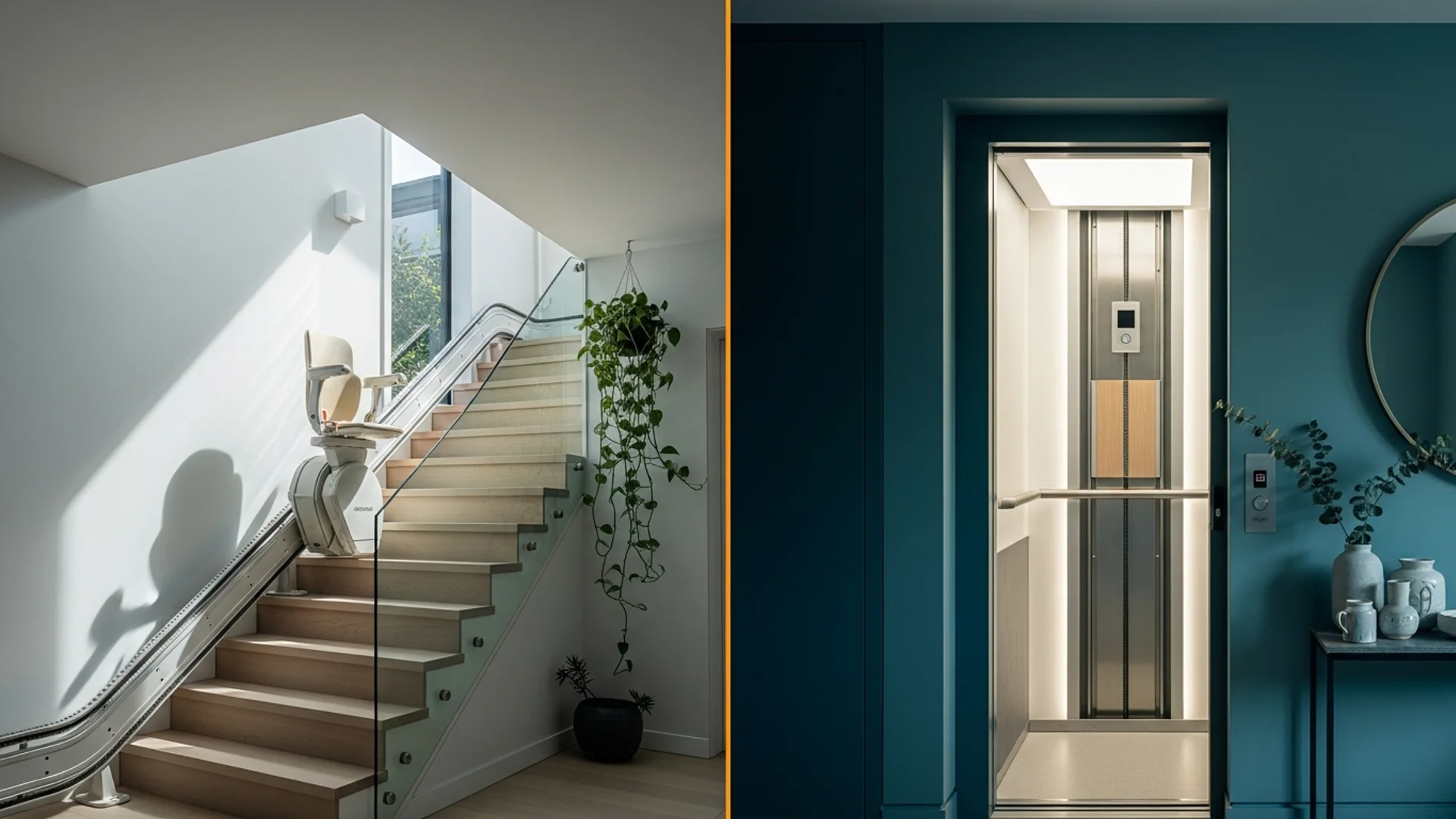 Side-by-side view of a stairlift installed on a residential staircase and a home lift cabin in an Australian home