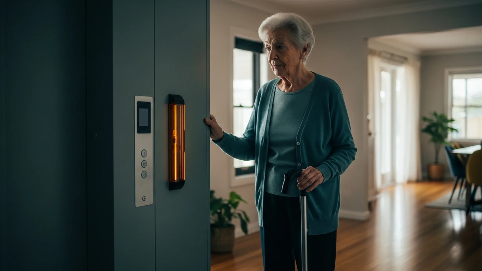 Elderly person safely approaching a modern home lift in a well-lit Australian residence