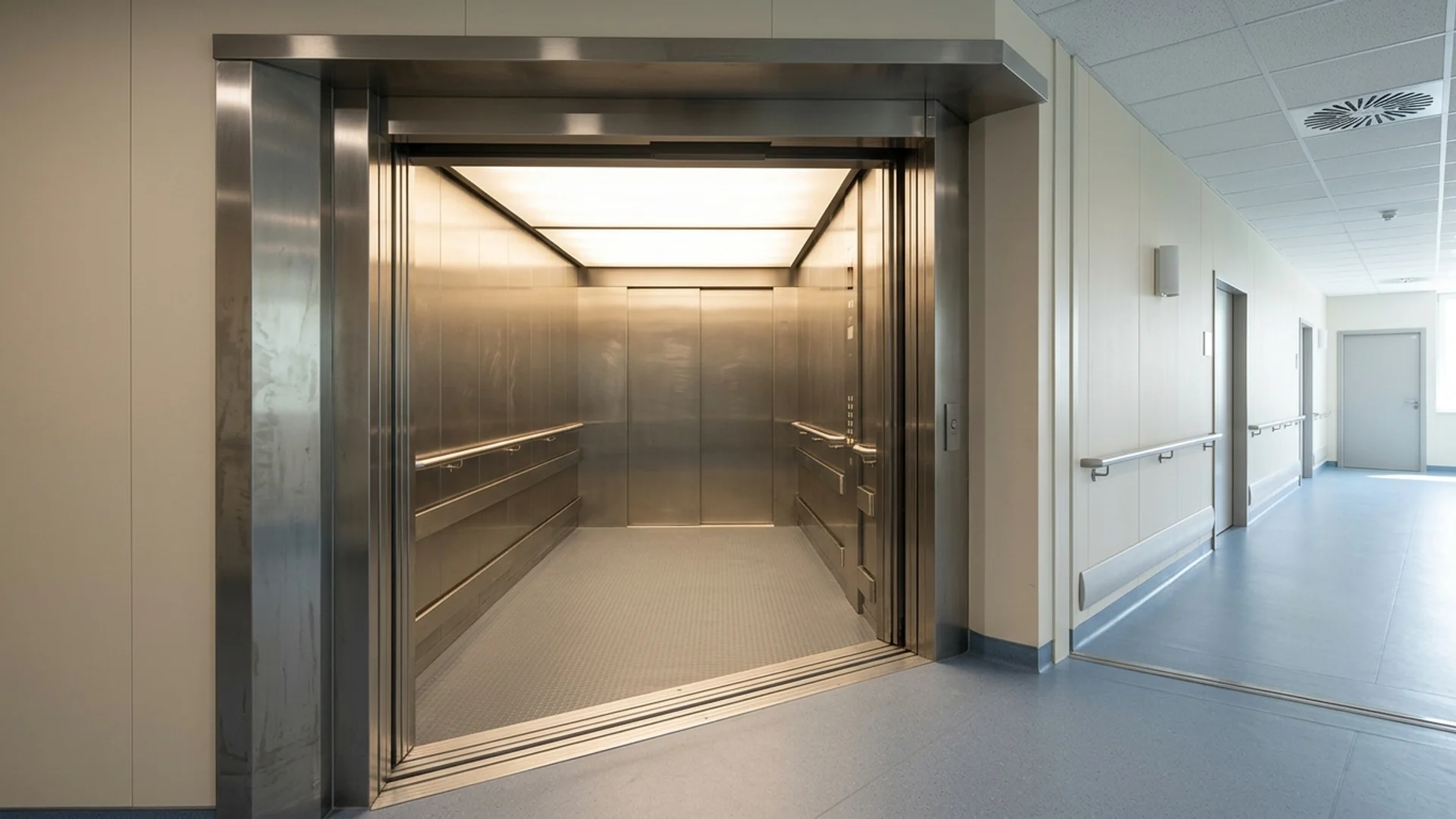 Wide stainless-steel hospital bed lift with doors open onto a clean clinical corridor, deep car with handrails and a bright ceiling light panel