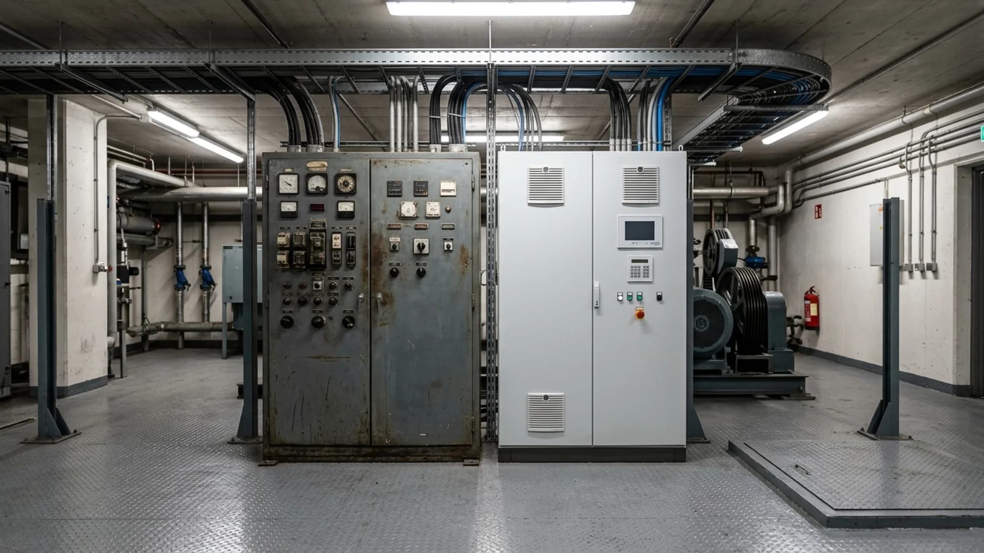 Commercial lift plant room with two controller cabinets of different vintages side by side under even lighting