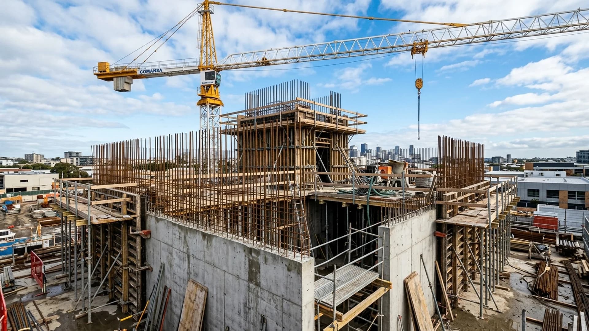 A commercial building core under construction showing a concrete lift shaft with exposed reinforcing bar and timber formwork, a tower crane beyond