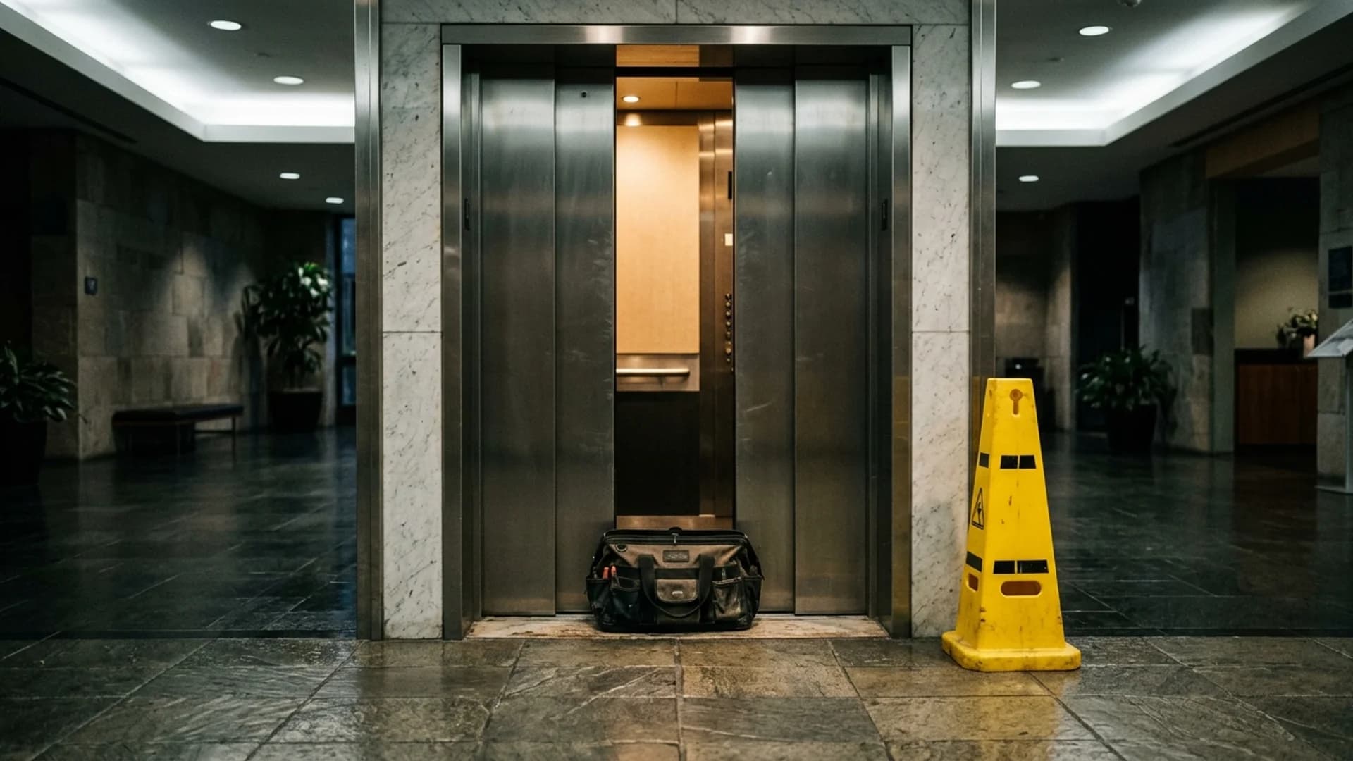 A passenger lift in a commercial lobby with its doors held part-open and a yellow hazard cone standing nearby, out of service