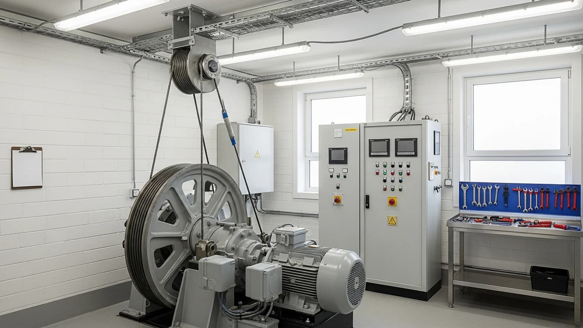 Lift motor room with a traction machine, grey controller cabinet, wall-mounted clipboard holder and a stainless service bench in an Australian building