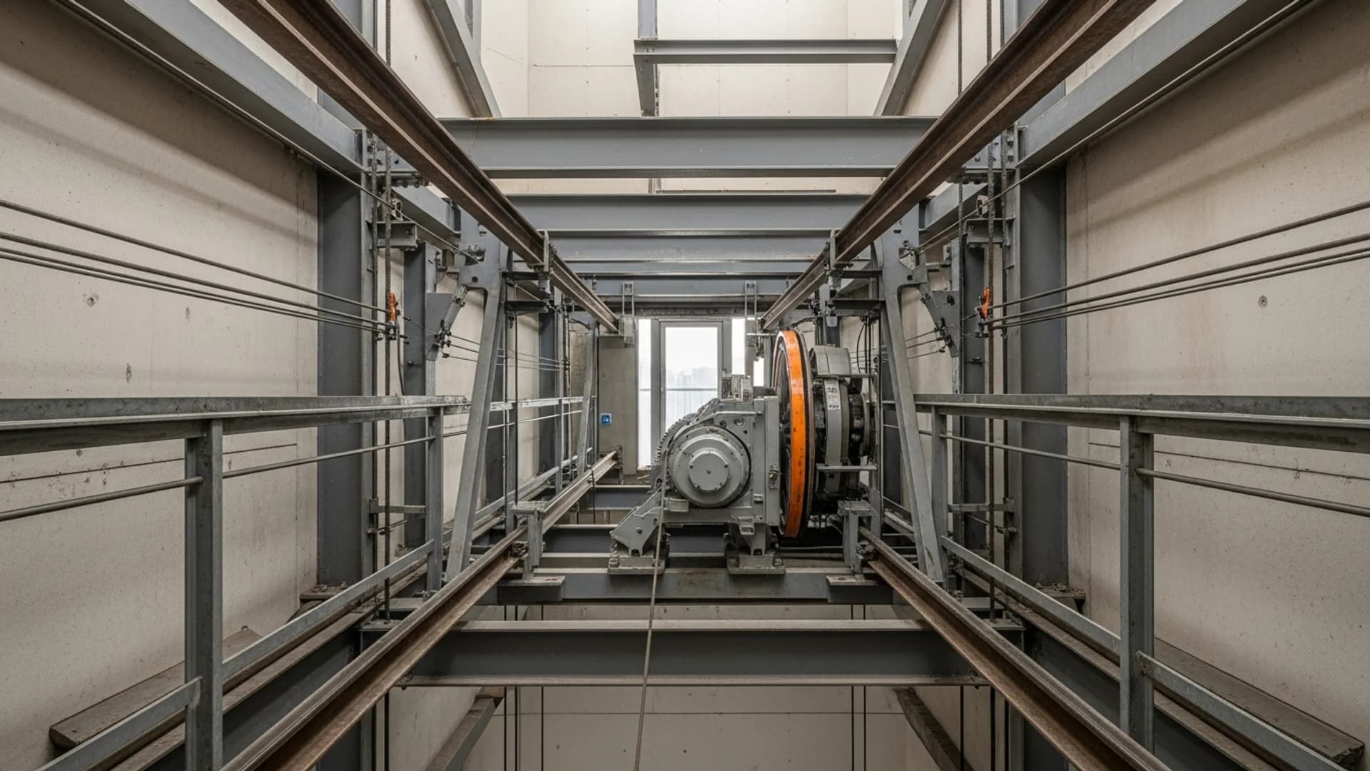Compact gearless traction machine mounted in a lift shaft head with no separate machine room