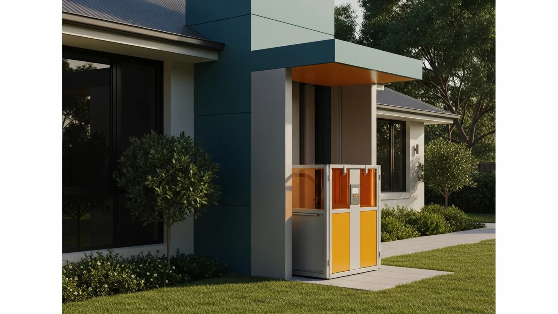 Outdoor lift installed beside an Australian home with garden setting and weather protection