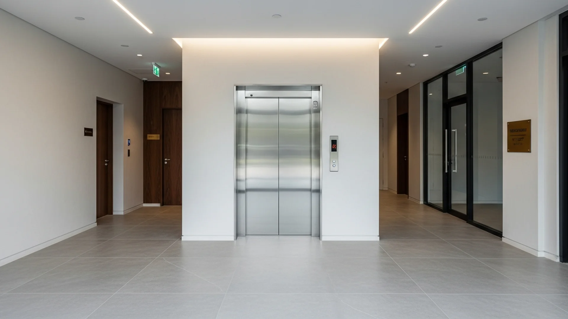 Lobby of a mixed-use Australian building with a stainless-steel passenger lift between a residential entry and a commercial tenancy