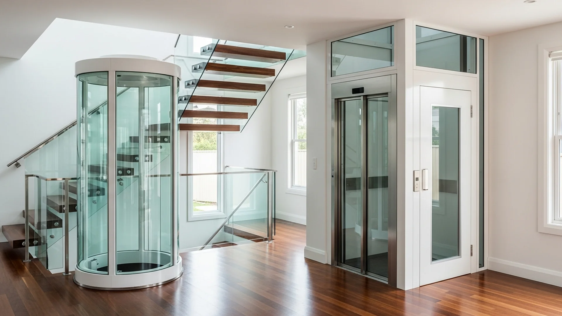 Compact self-supporting glass home lift with a slim central drive column rising through two levels of a contemporary Australian home
