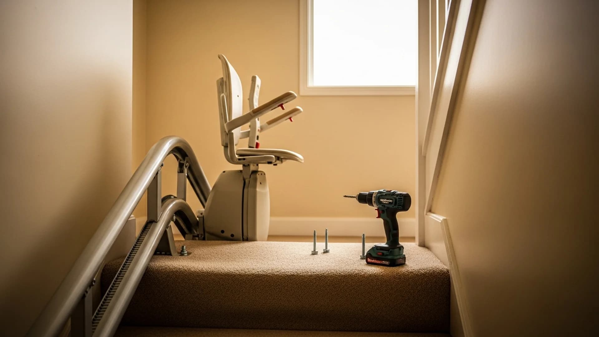 A stairlift rail being fitted to a carpeted domestic staircase, with the seat unit part-mounted on the track and a cordless drill resting on a stair tread