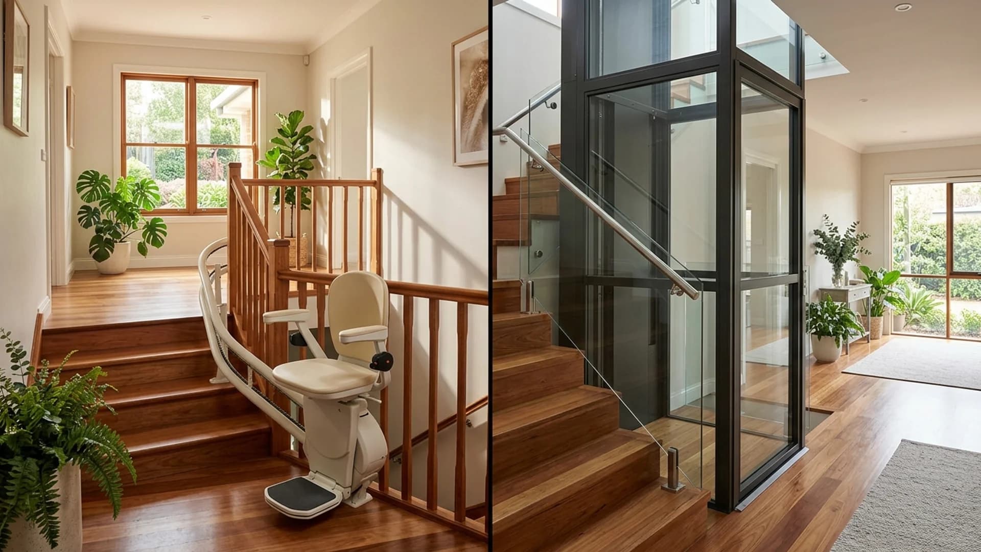A seated stairlift on a timber staircase beside an enclosed glass platform lift in an Australian home interior in warm afternoon light