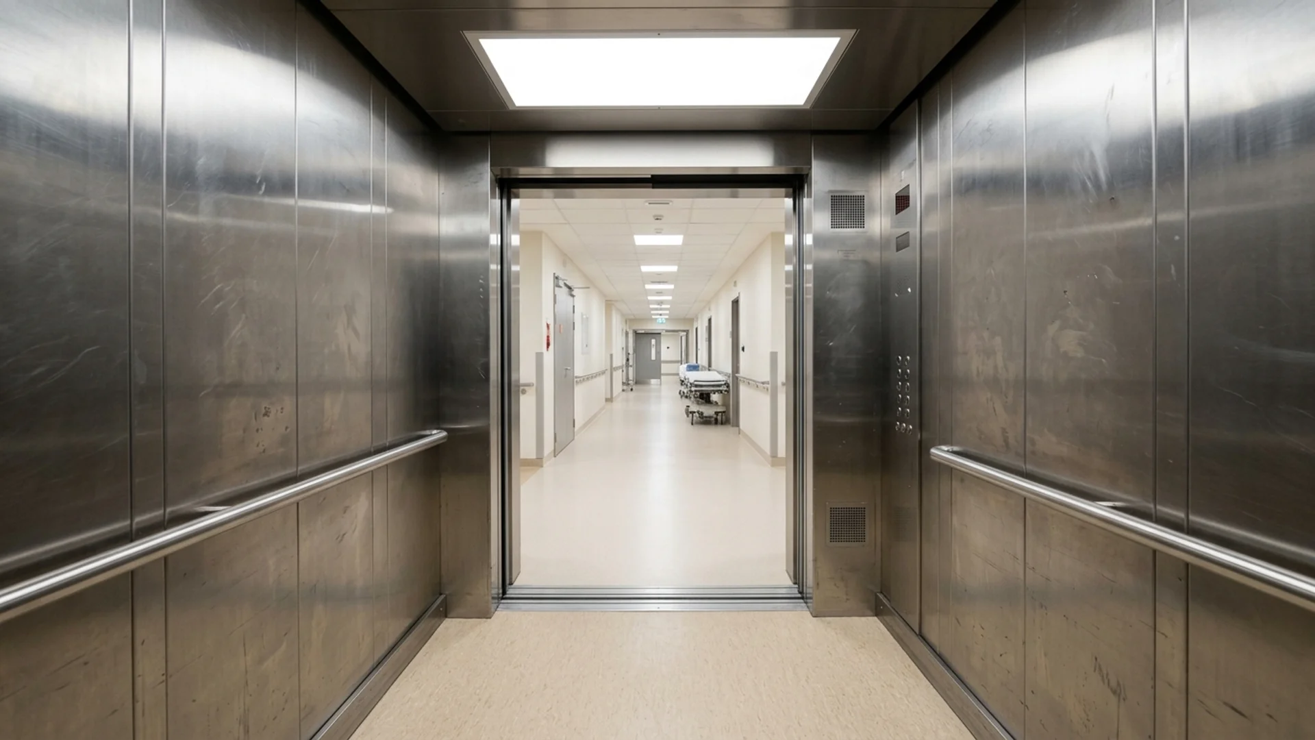 Interior of a deep stainless-steel stretcher lift car with doors open onto a clinical corridor, side handrails and a bright ceiling light panel