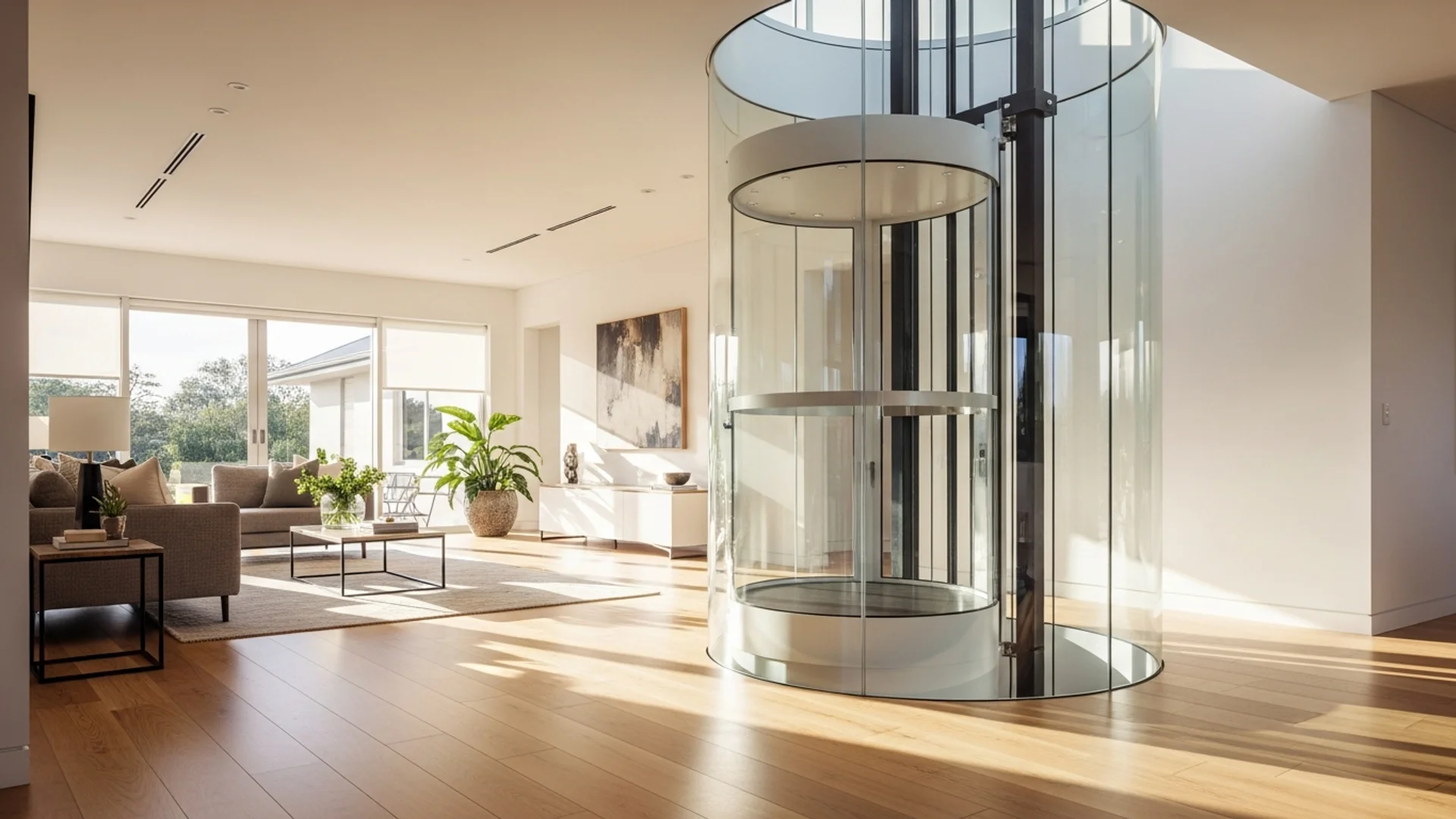 Cylindrical glass pneumatic vacuum home lift standing in a bright contemporary Australian living space with timber floors and soft natural light