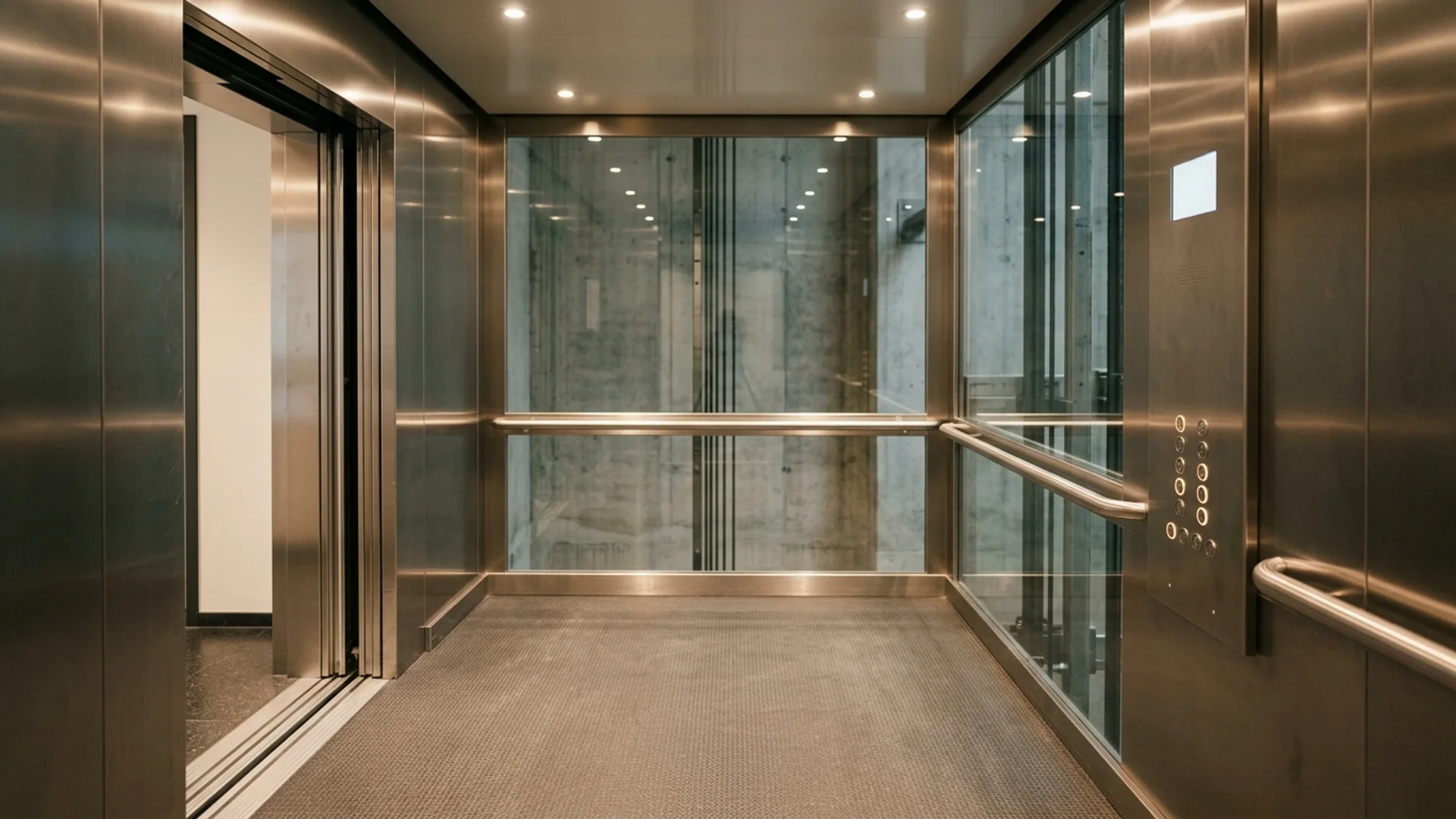 Interior of a spacious accessible lift car with a wide clear doorway, low-set control panel and wall handrail in brushed steel and safety glass